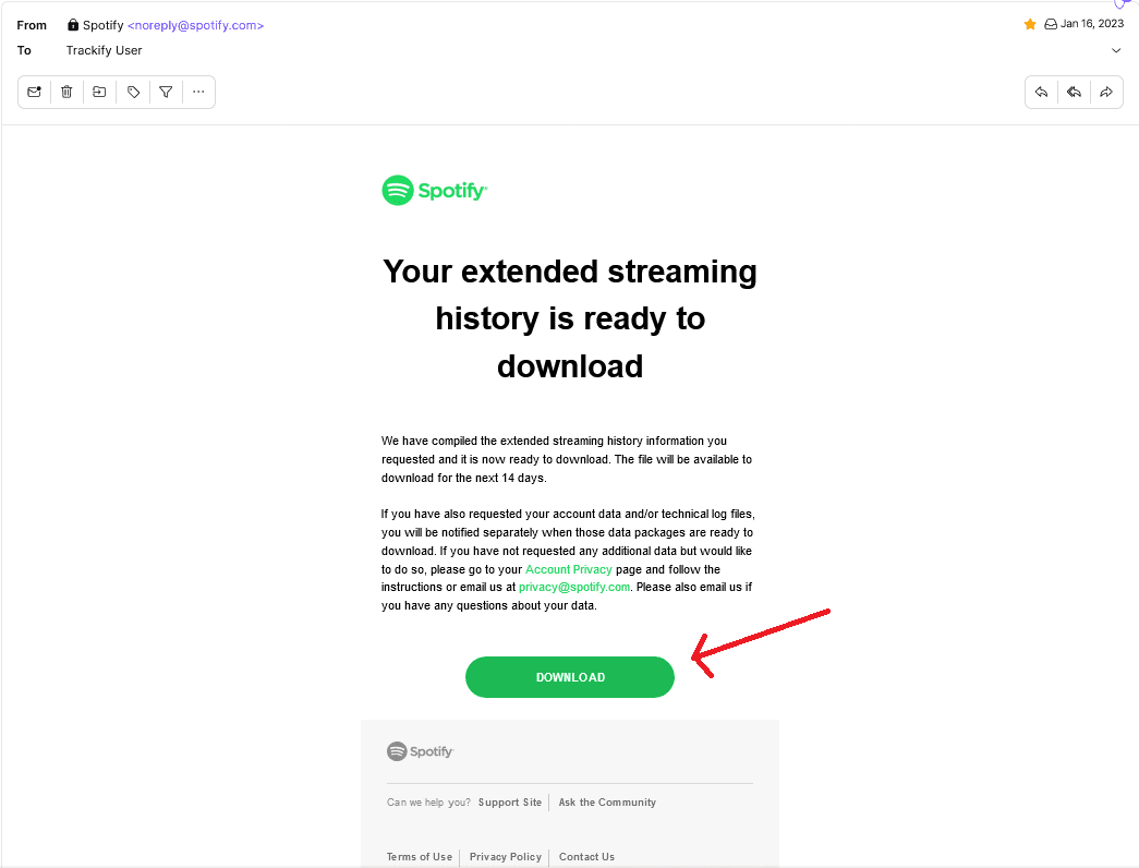 Download button in Spotify's email
